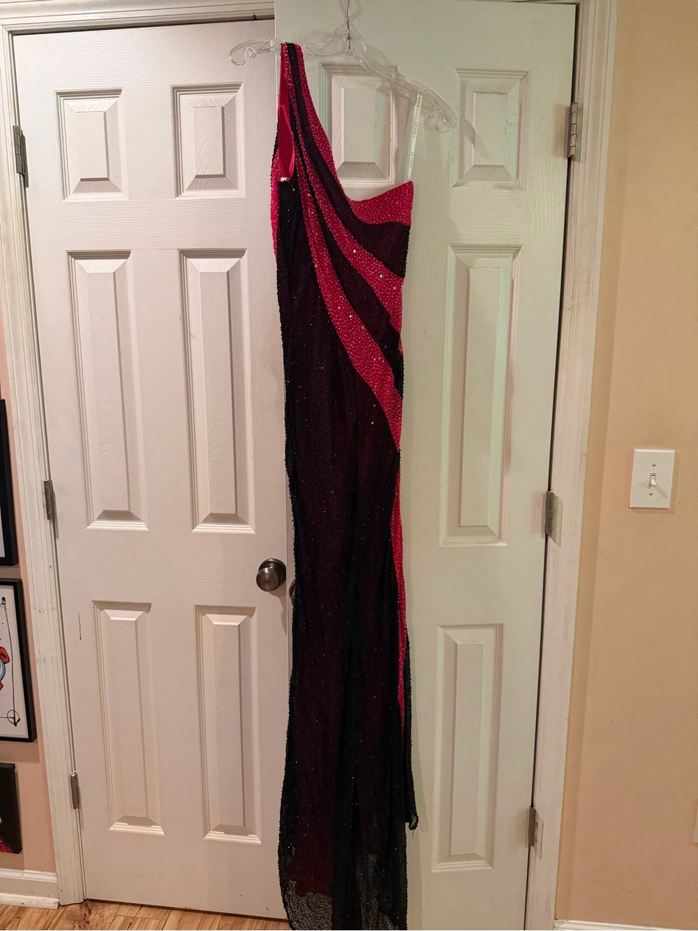 One-Shoulder Black and Hot Pink Evening Gown